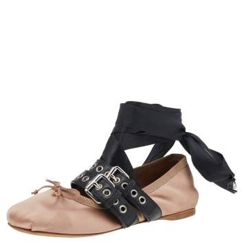 Pre Owned Miu Miu Beige/Black Leather Buckle Bow Ballet Flats Size 36