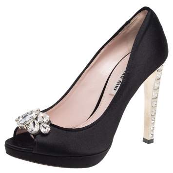 Pre Owned Miu Miu Black Satin Crystal Embellished Peep Toe Pumps Size 37.5
