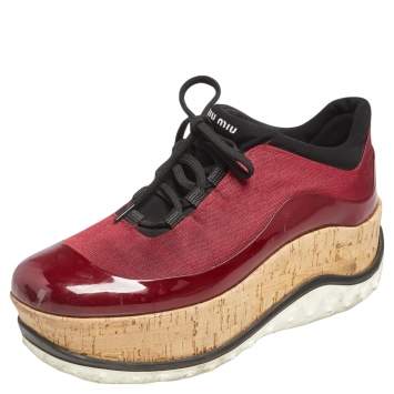 Pre Owned Miu Miu Burgundy Patent And Canvas Lace Up Wedge Sneakers Size 37