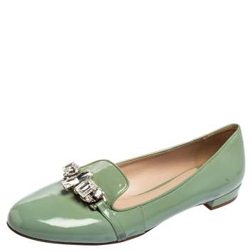 Pre Owned Miu Miu Green  Patent Leather Crystal Embellished Bow Ballet Flats Size 41