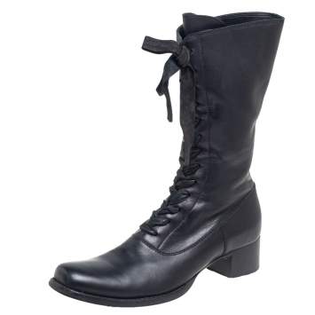 Pre Owned Miu Miu Black Leather Lace-Up Mid-Calf Boots Size 39.5