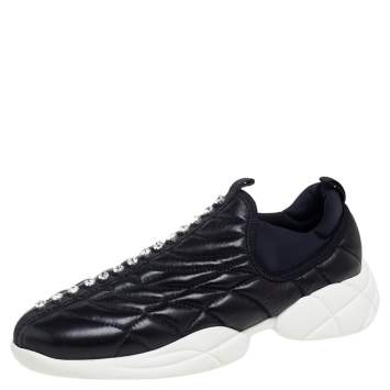 Pre Owned Miu Miu Black Leather Crystal Embellished Slip On Sneakers Size 39