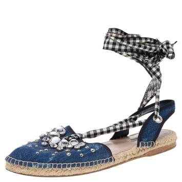 Pre Owned Miu Miu Blue Denim Crystal Embellished Espadrille Flats Size 39.5