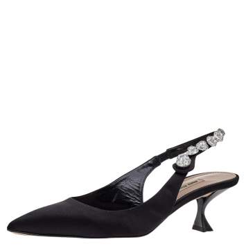 Pre Owned Miu Miu Black Satin Crystal Embellished Slingback Sandals Size 40