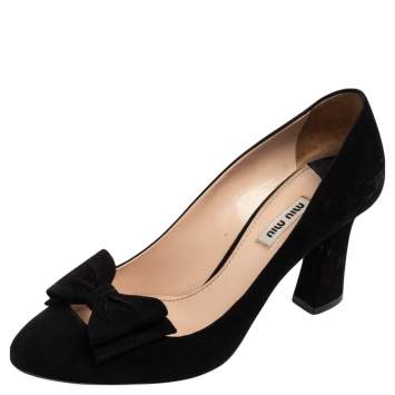 Pre Owned Miu Miu Black Suede Bow Round-Toe Pumps Size 39