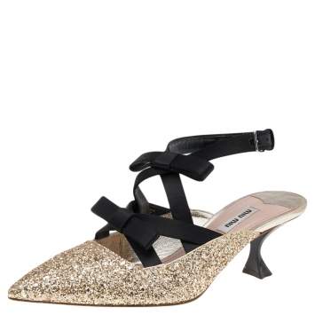 Pre Owned Miu Miu Gold/Black Glitter and Satin Bow Slingback Pumps Size 40