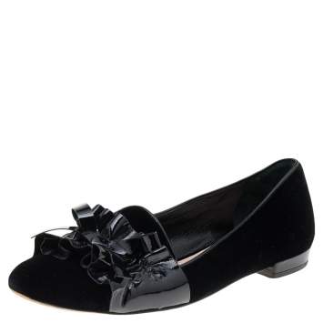 Pre Owned Miu Miu Black Velvet and Patent Leather Ballet Flats Size 35.5
