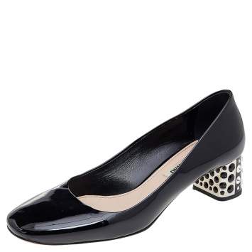 Pre Owned Miu Miu Black Patent Leather Crystal Embellished Block Heel Pumps Size 37.5