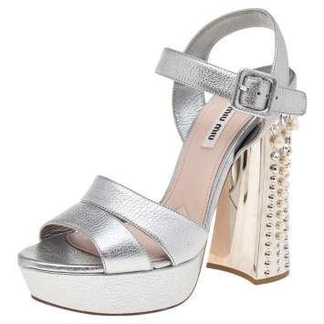 Pre Owned Miu Miu Metallic Silver Leather Crystal Pearl Embellished Block Heel Ankle Strap Platform Sandals Size 39