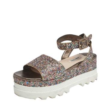 Pre Owned Miu Miu Multicolor Glitter Ankle-Strap Flat Platform Sandals Size 38 