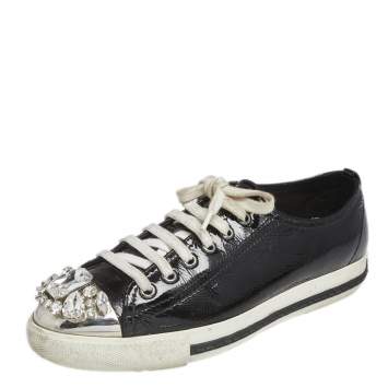 Pre Owned Miu Miu Black Patent Leather Crystal Embellished Low Top Sneakers Size 37.5