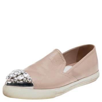 Pre Owned Miu Miu Beige Patent Leather Crystal Embellished Metal Cap Toe Slip On Sneakers Size 36.5 