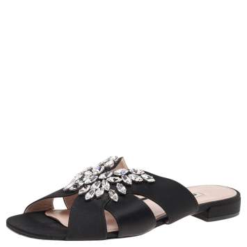 Pre Owned Miu Miu Black Satin Crystal Embellished Flat Sandals Size 39.5