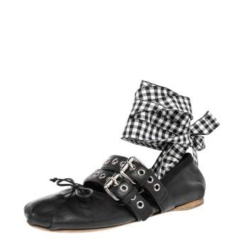 Pre Owned Miu Miu Black Leather Double Buckle Naplak Ballet Flats Size 38