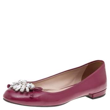 Pre Owned Miu Miu Burgundy Patent Leather Crystal Embellished Ballet Flats Size 38