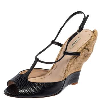Pre Owned Miu Miu Black Lizard Embossed Leather T-Strap Wedge Sandals Size 39.5