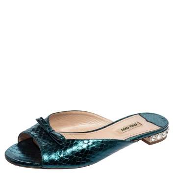 Pre Owned Miu Miu Metallic Blue Python Embossed Leather Bow Detail Flat Sandals Size 39