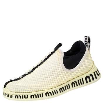 Pre Owned Miu Miu Cream Mesh Crystal Embellished Slip-On Sneakers Size 36
