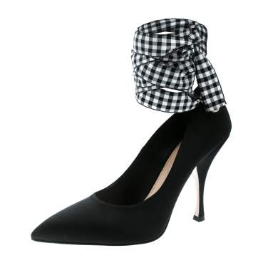 Pre Owned Miu Miu Black Satin Ankle Wrap Pointed Toe Pumps Size 36.5