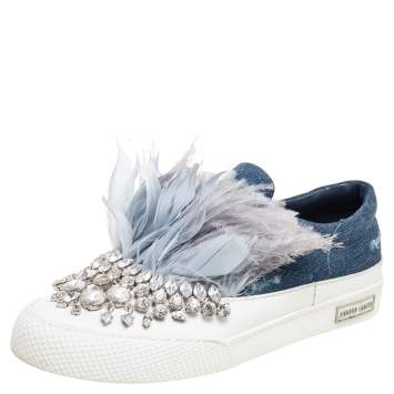 مملوكة مسبقًا Miu Miu Navy Blue Crystal Embellished Denim With Marabou Feathers  Slip On Sneakers Size 37.5