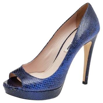 Pre Owned Miu Miu Blue Python Embossed Leather Peep Toe Platform Pumps Size 37.5