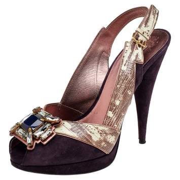 Pre Owned Miu Miu Purple Suede And Lizard Embossed Leather Embellished Peep Toe Pumps Size 38