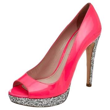 Pre Owned Miu Miu Neon Pink Patent Leather Peep Toe Pumps Size 38.5