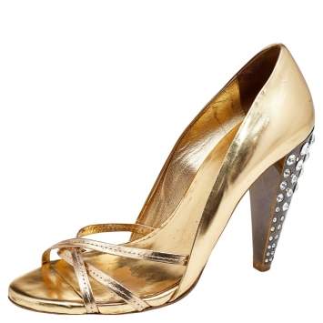 Pre Owned Miu Miu Metallic Gold Leather Crystal Embellished Pumps Size 38.5