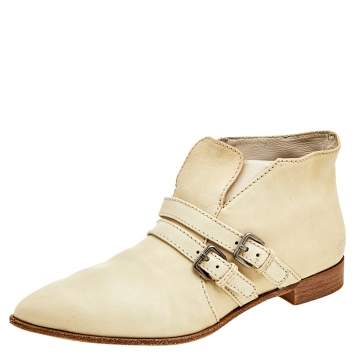 Pre Owned Miu Miu Off White Leather Slip On Ankle Length Boots Size 39