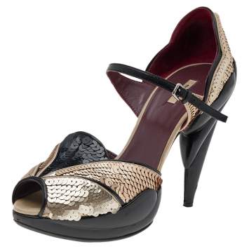 Pre Owned Miu Miu Multicolour Sequins And Leather Carved Heel Peep Toe Ankle Strap Pumps Size 37.5