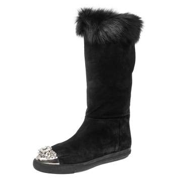 Pre Owned Miu Miu Black Suede And Fur Crystal Embellished Knee Flat Boots Size 40.5