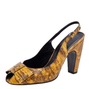 Pre Owned Miu Miu Mustard Lizard Embossed Leather Bow Slingback Sandals Size 37