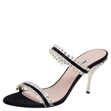 Pre Owned Miu Miu Black Crystals Embellished Satin and PVC Slide Sandals Size 40.5