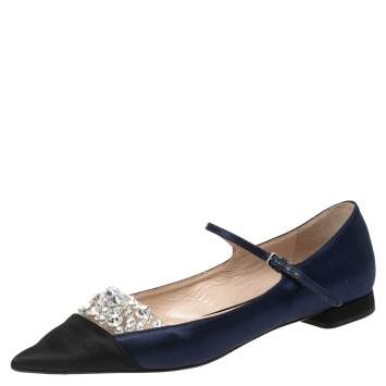Pre Owned Miu Miu Blue/Black Satin Crystal Embellished Mary Jane Pointed Toe Ballet Flats Size 37