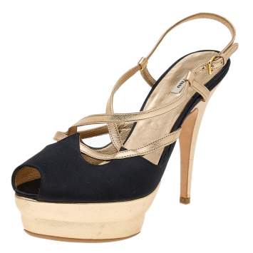 Pre Owned Miu Miu Black/Gold Satin And Leather Platform Slingback Sandals Size 37.5