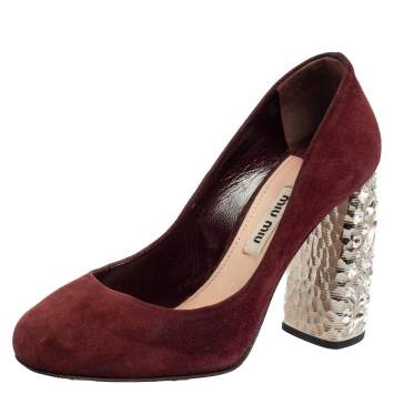 Pre Owned Miu Miu Burgundy Suede Crystal Embellished Block Heel Pumps Size 35