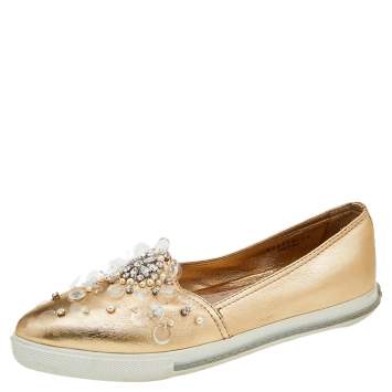 Pre Owned Miu Miu Metallic Gold Leather Embellished Pointed Toe Slip On Sneakers Size 38