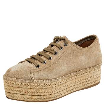 Pre Owned Miu Miu Beige Suede Espadrille Platform Sneakers Size 35