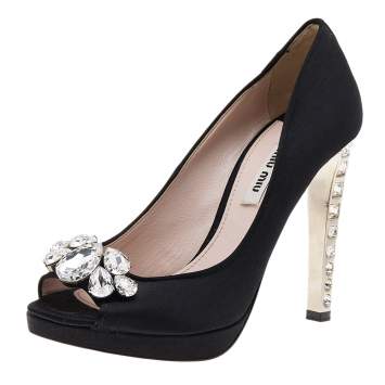 Pre Owned Miu Miu Black Satin Crystal Embellished Peep Toe Pumps Size 37.5