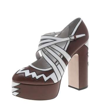 Pre Owned Miu Miu Brown/White Leather Mary Jane Strap Pumps Size 39.5