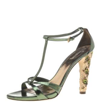 Pre Owned Miu Miu Metallic Green Leather T Strap Sandals Size 40.5