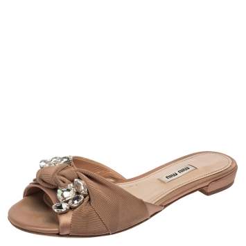 Pre Owned Miu Miu Dusty Pink Satin and Canvas Knot Crystal Embellished Flat Slides Size 37.5