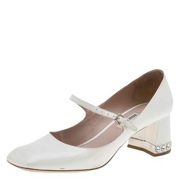 Pre Owned Miu Miu White Patent Leather Mary Jane Square Toe Pumps Size38.5