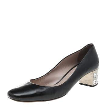 Pre Owned Miu Miu Black Patent Leather Crystal Embellished Block Heel Pumps Size 39