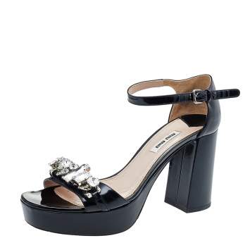 Pre Owned Miu Miu Black Patent Leather Crystal Embellished Platform Ankle Strap Sandals Size 39