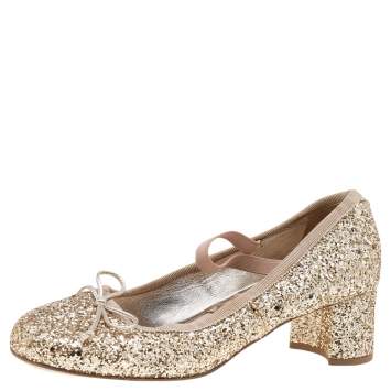 Pre Owned Miu Miu Beige/Gold Glitter Bow Pumps Size 36