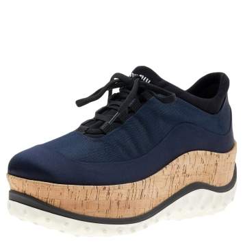 Pre Owned Miu Miu Blue Satin And Fabric Astro Cork Platform Sneakers Size 36.5