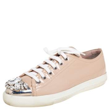 Pre Owned Miu Miu Beige Patent Leather Crystal Embellished Cap Toe Lace-Up Sneakers Size 38