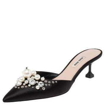 Pre Owned Miu Miu Black Satin Faux Pearl Embellished Pointed Toe Mules Size 38