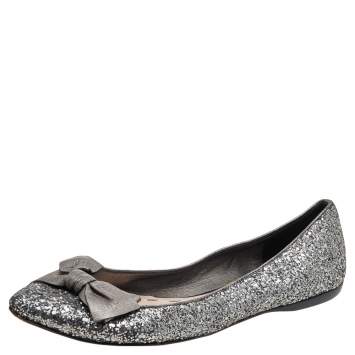 Pre Owned Miu Miu Silver Glitters and Leather Ballet Flats Size 38